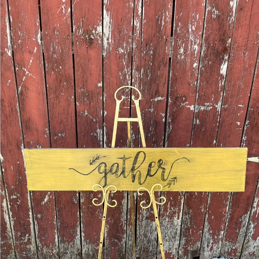 Wooden Gather Sign 36” Farmhouse Yellow & Black Handmade